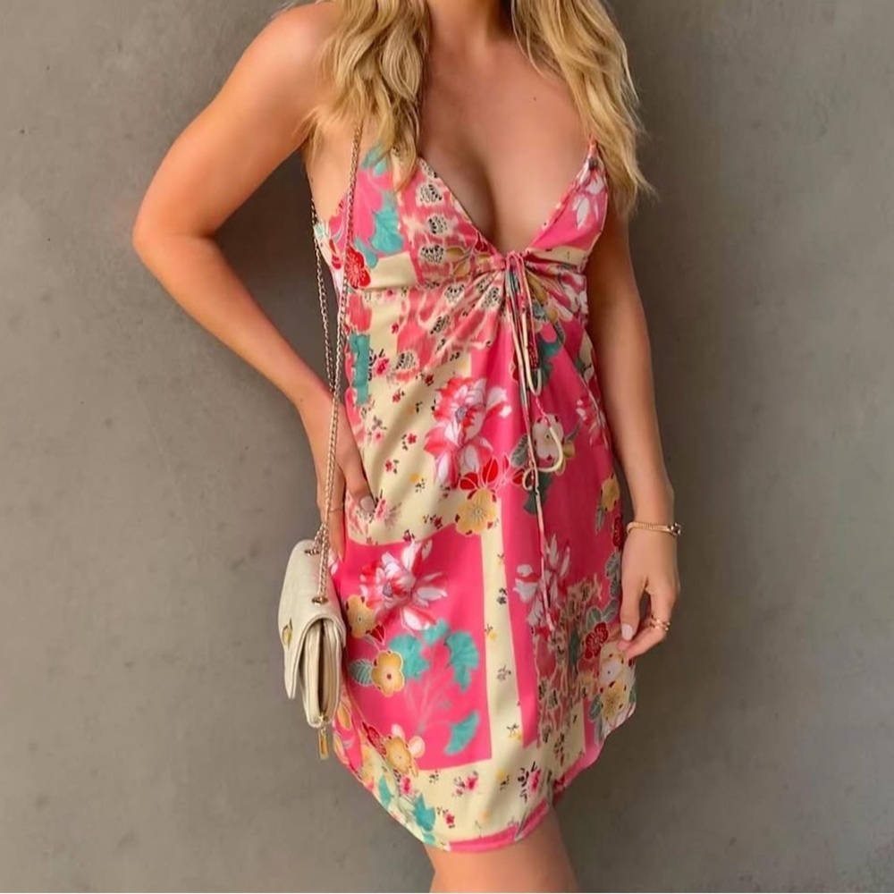 Zara Silky Satin Pink Floral Feminine Paradise Coconut Girl Mini Slip Dress S